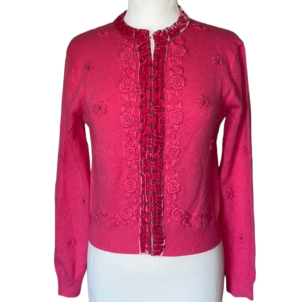 Vintage Cabi 342 Angora Wool Blend Pink Cardigan Sweater Floral Rosettes (M)